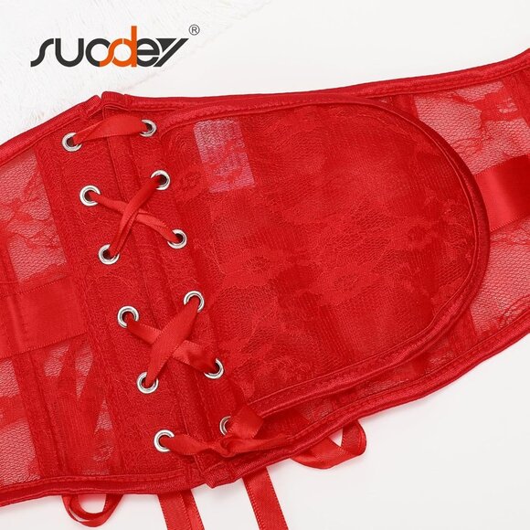 Women's Jacquard Corset Belt Lace Up Bustier Waspie Belt Renaissance Red Lace - Picture 6 of 6